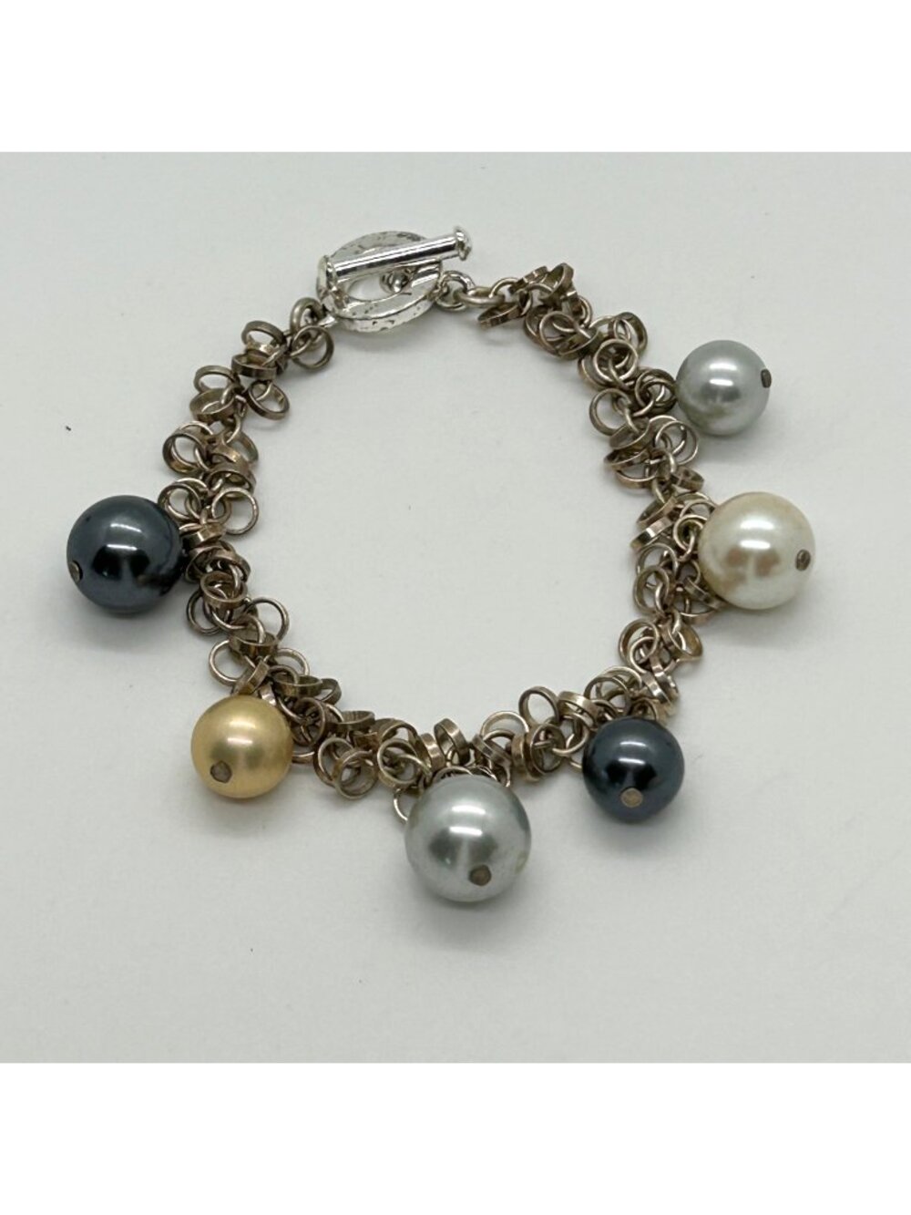 Vintage Silver Tone Chunky Chain Toggle Bracelet Multi-Color Faux Pearl Charms